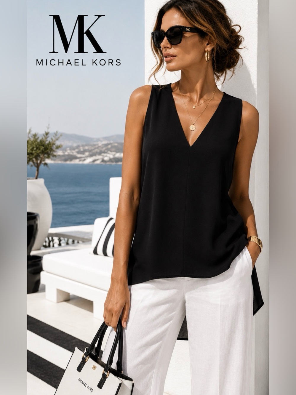 MICHEAL Michael Kors Womens High Low Black Sleeveless V Neck Cami Top